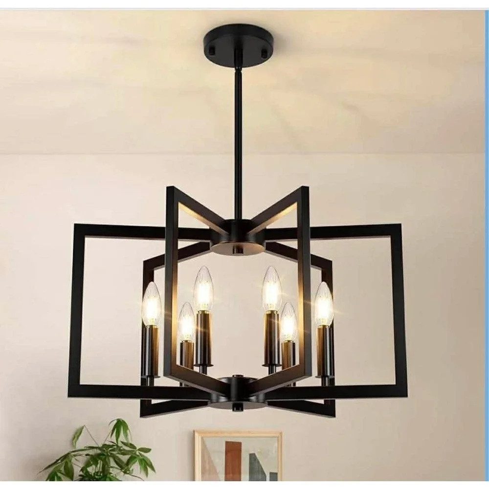 6Light Black Chandelier, Farmhouse Dining Room Light Fixture, Large Modern Ch...